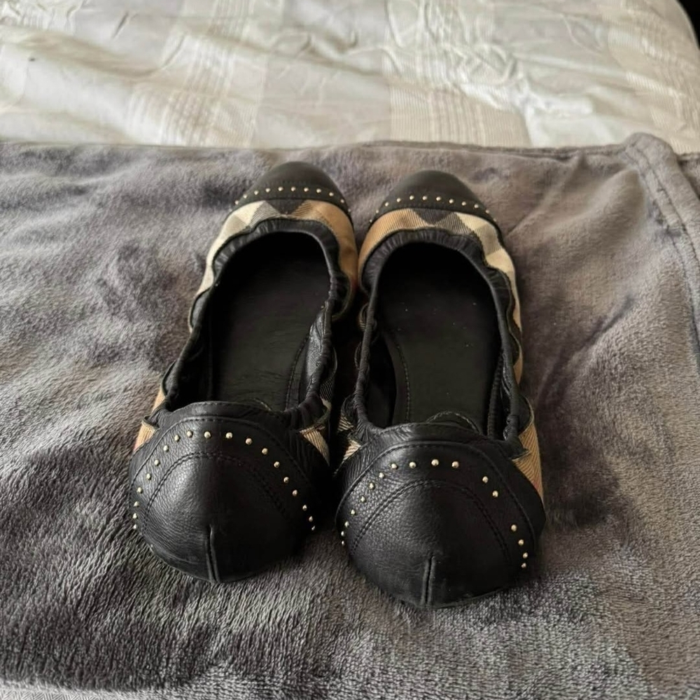 Burberry Black and Tan Studded Flats